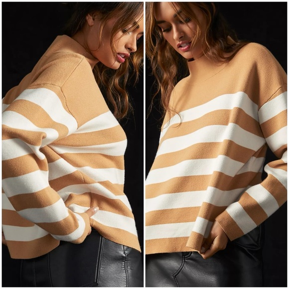 ANTHROPOLOGIE XL MAEVE The Carys Mock Neck Sweater in Neutral Motif Stripe - Picture 9 of 12